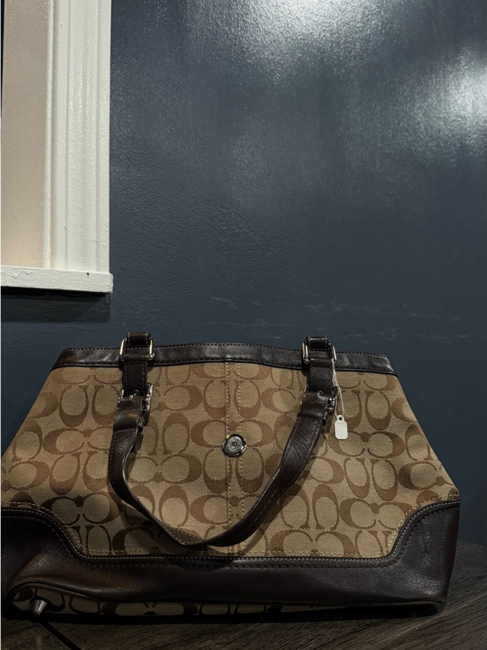 Coach Tan Signature Canvas Tote with Dark Brown Leather Trim